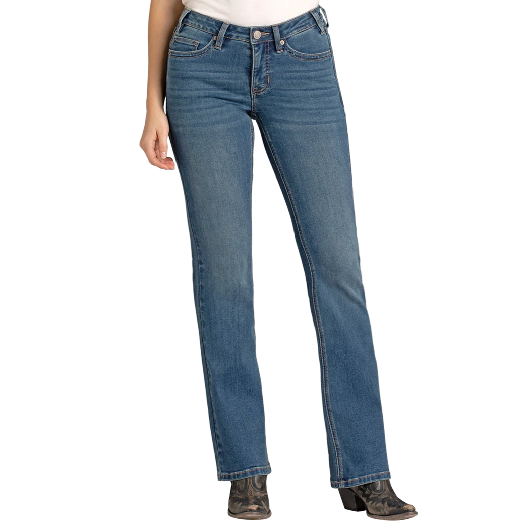 Rock &amp; Roll Women's Boot Stitch Embroidered High Rise Boot Cut Jeans - Medium Wash