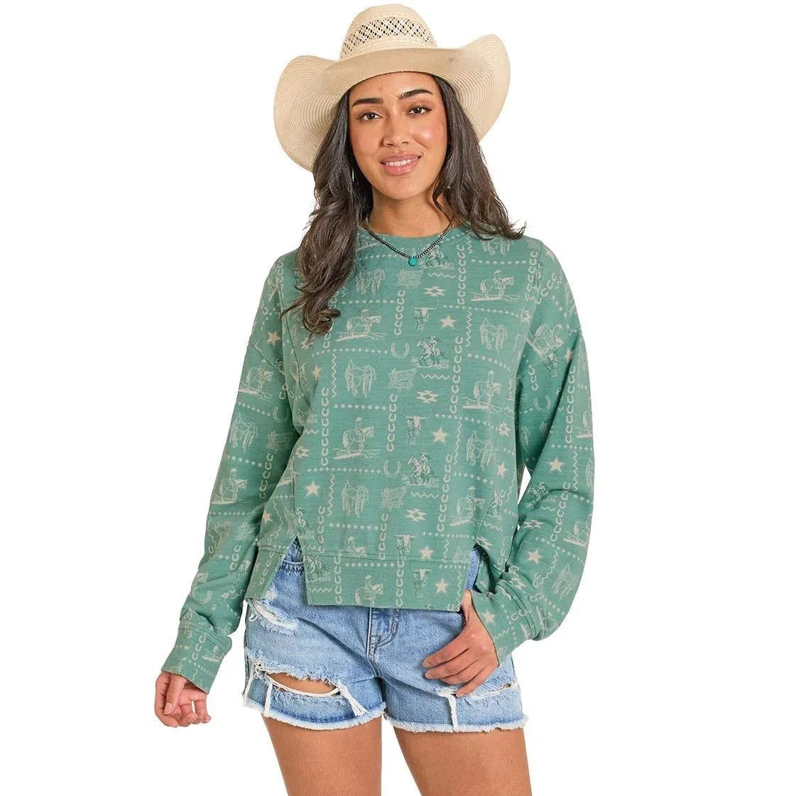 Rock &amp; Roll Women's Conversational Print Pullover Sweater - Turquoise