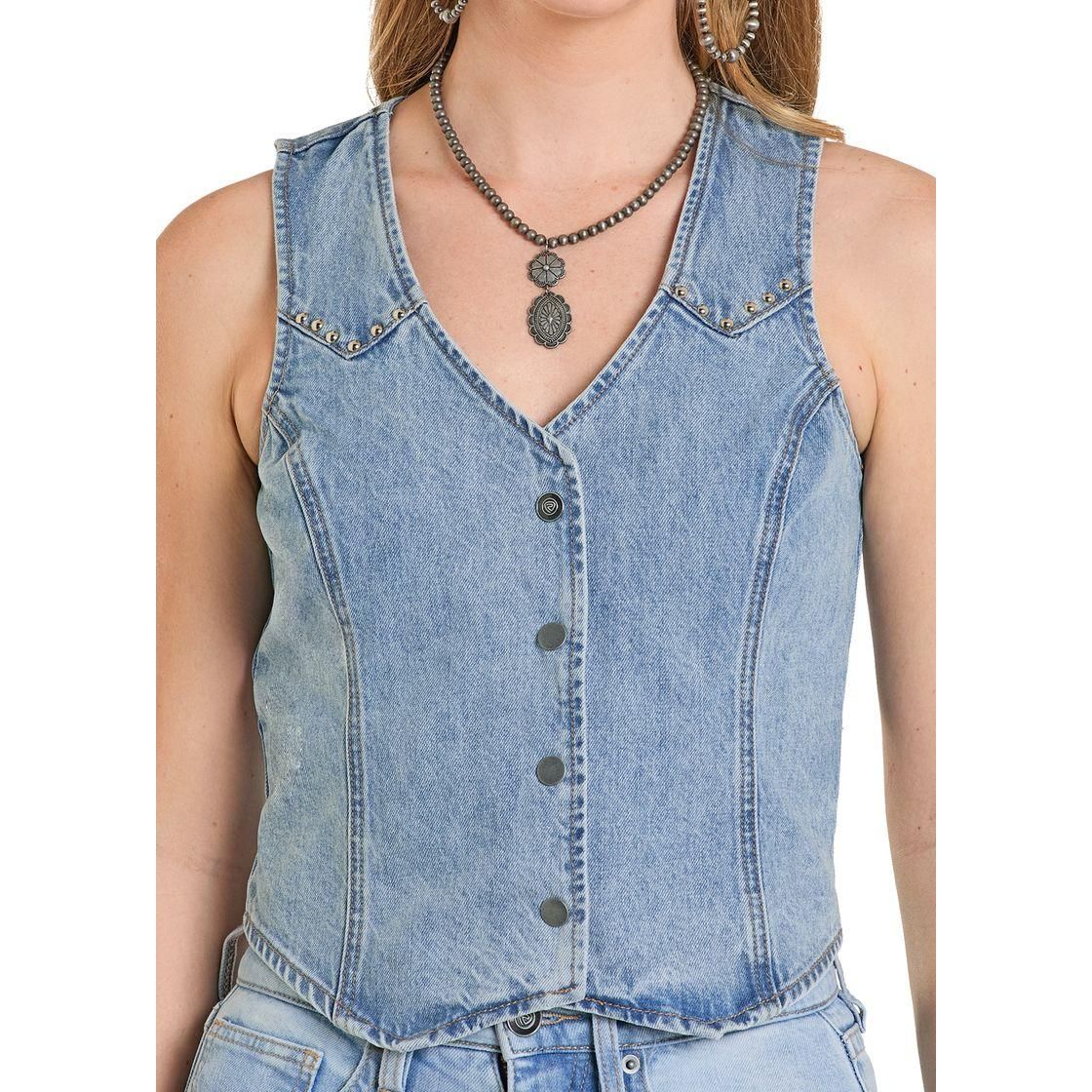 Rock &amp; Roll Women's Denim Fringed Vest - Medium Wash
