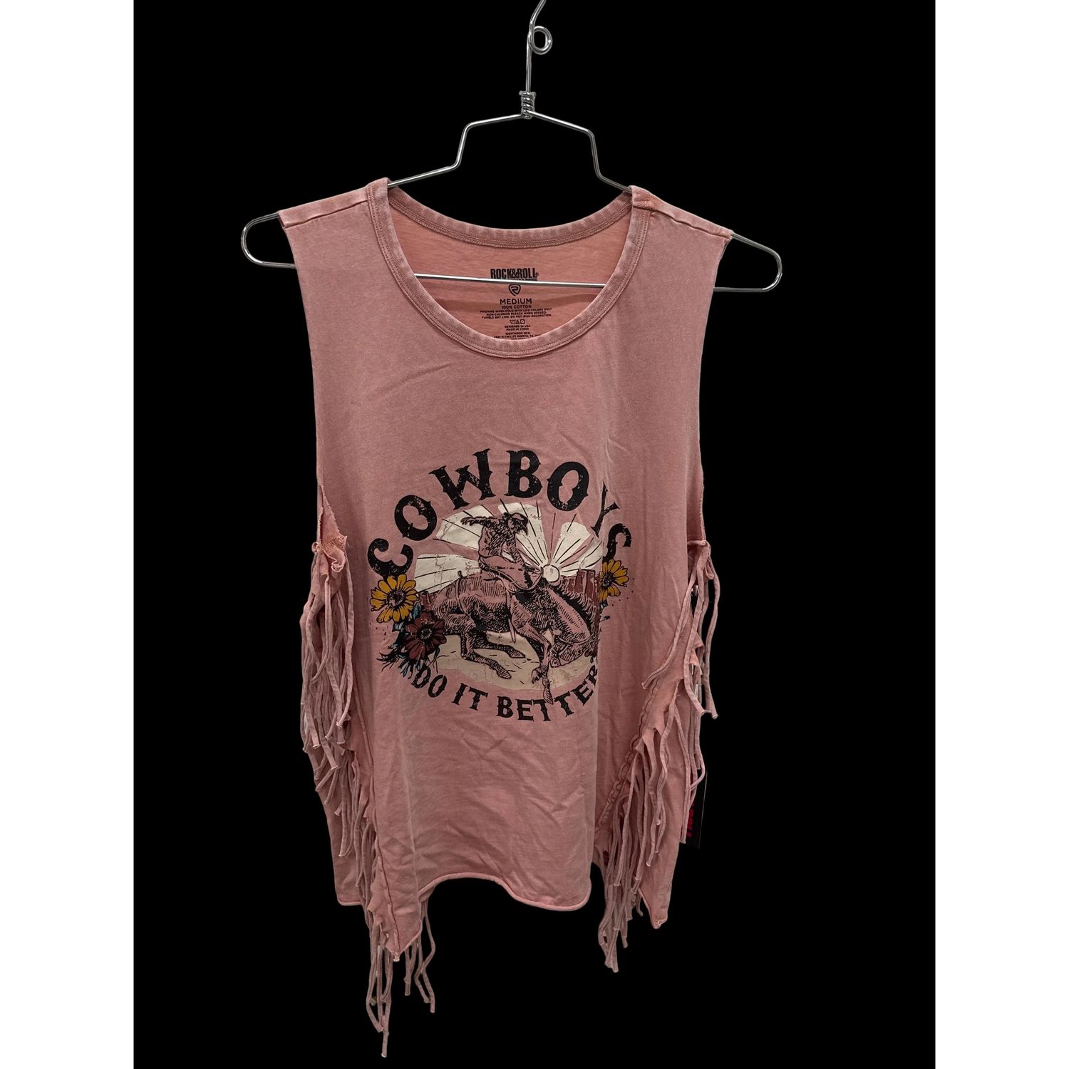 Rock &amp; Roll Women's Graphic Muscle Tee with Fringe - Rose/Mauve