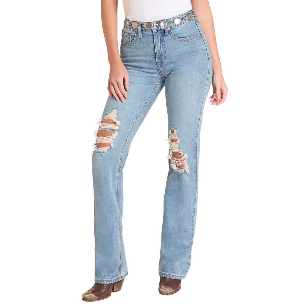 Rock &amp; Roll Women's High Rise Distressed Modest Bootcut Jeans - Medium Wash