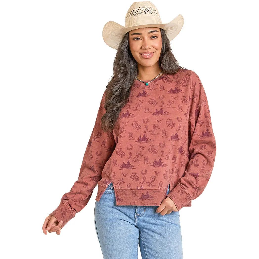 Rock &amp; Roll Women's Conversational Western Mountain Graphic Pullover - Rust