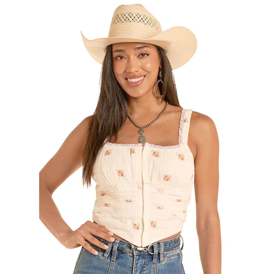 Rock &amp; Roll Women's Flower Print Laced Corset Top - Natural