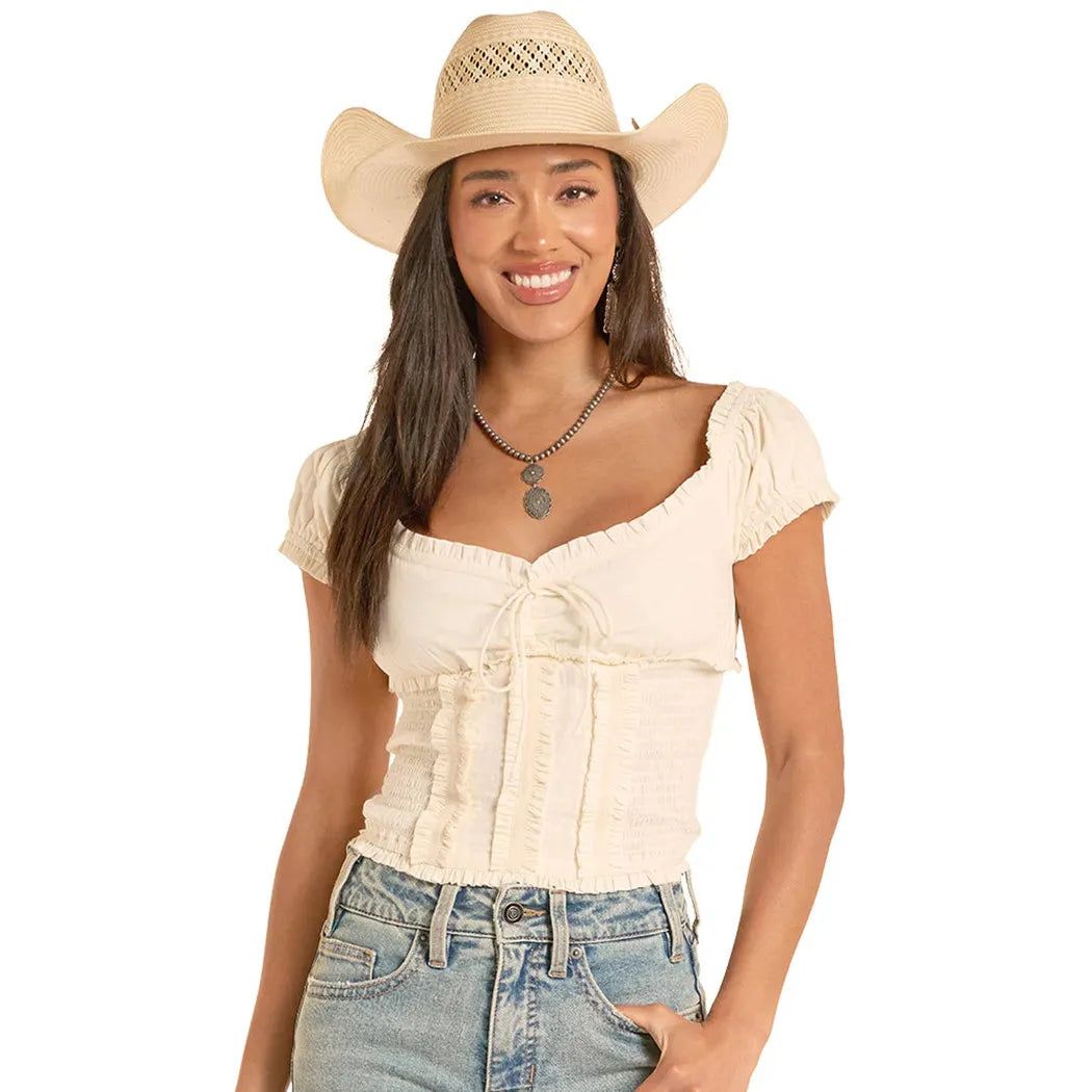 Rock &amp; Roll Women's Smocked Tie Front Top - Natural