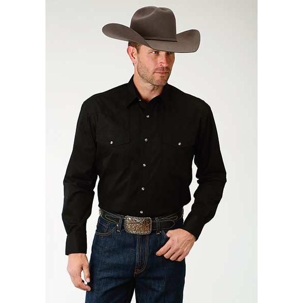 Roper Men's Poplin Tall Man Solid Long Sleeve Shirt- Black