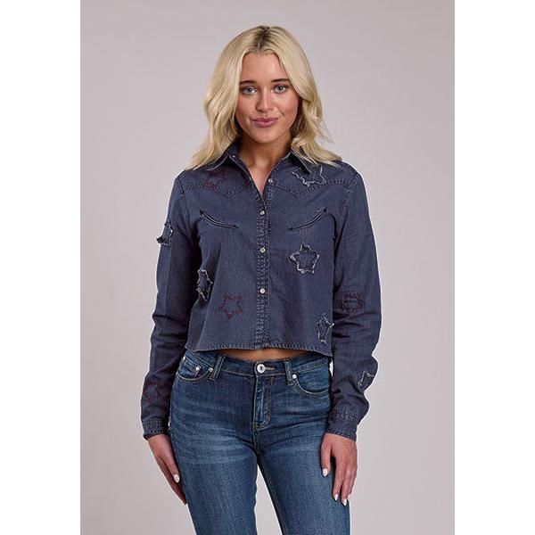 Roper Women's Long Sleeve Cropped Denim Western Shirt- Dark Blue