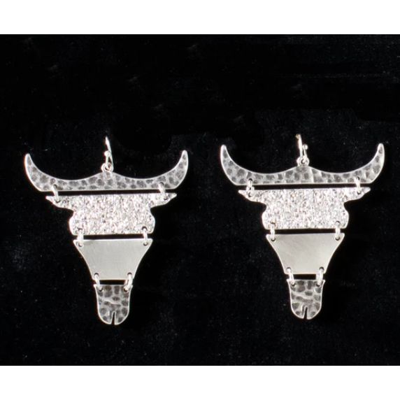 Silver Strike Hinged Cow Skull Earrings- Silver