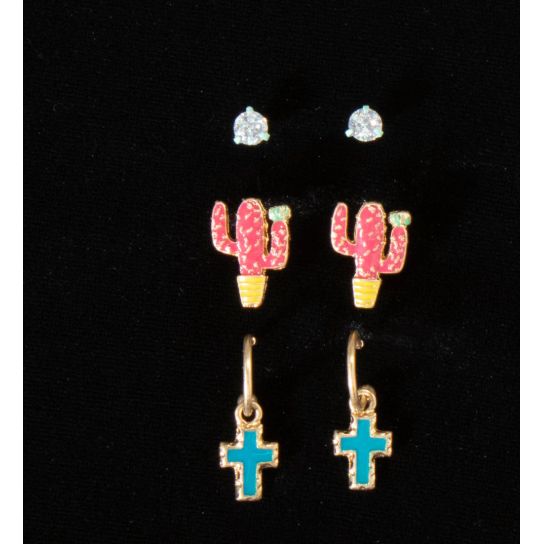 Silver Strike Women's Cactus Cross Earrings Set - Multi