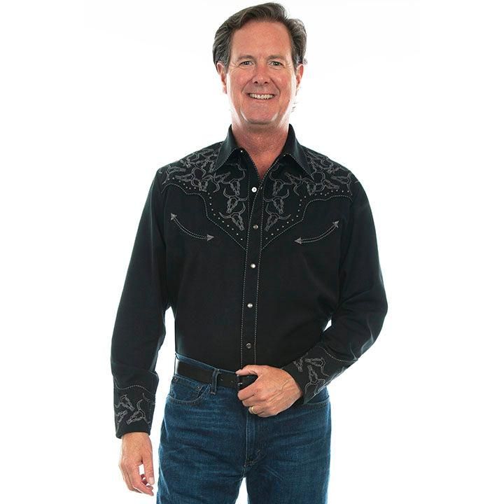 Scully Men's Long Sleeve Longhorn Western Shirt- Black