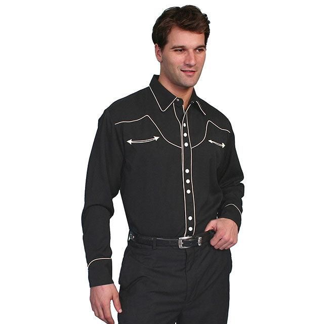 Scully Men's Long Sleeve Solid Western Shirt with Contrast Piping- Black