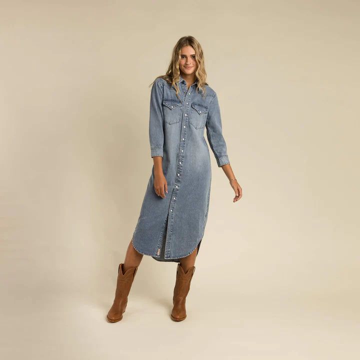 Sendero Women's The Annie Pearl Snap Shirt Dress - Classic Denim