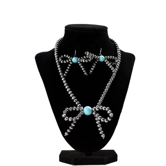 Silver Strike Beaded Bow Necklace and Earring Set- Grey