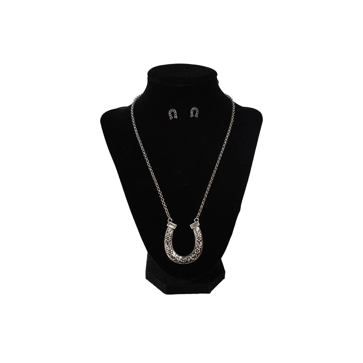 Silver Strike Floral Horseshoe Necklace &amp; Earring Set -Silver