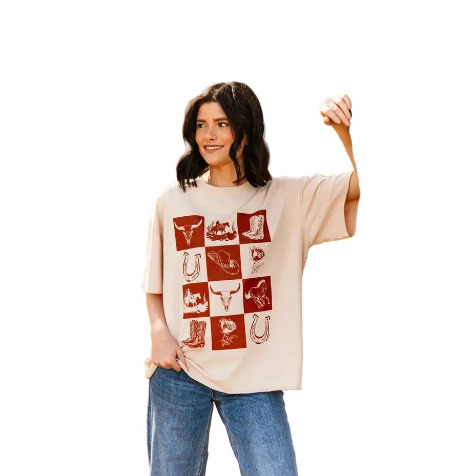 Southern Grace Apparel Women's Checkered Elements Boxy Tee - Beige