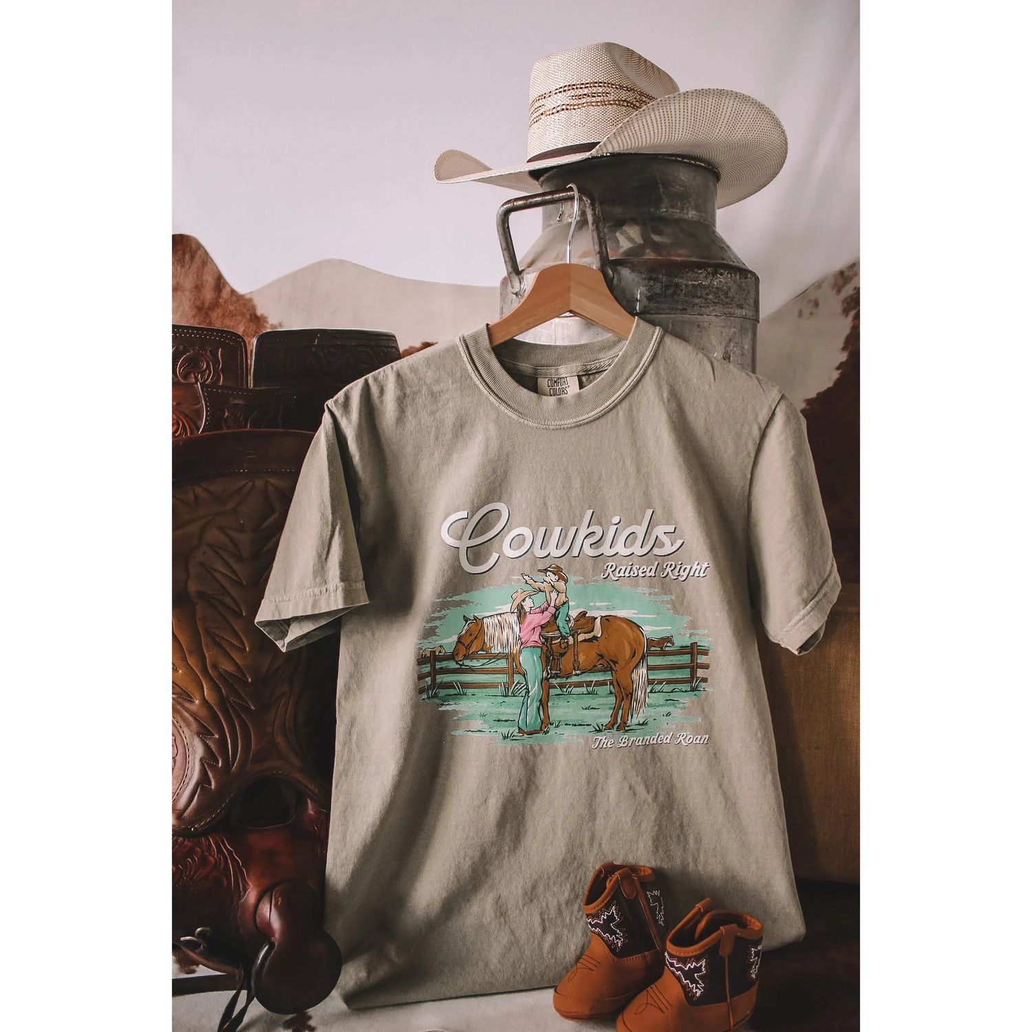 The Branded Roan Apparel Cowkids Raised Right T-Shirt-Khaki *NEW*