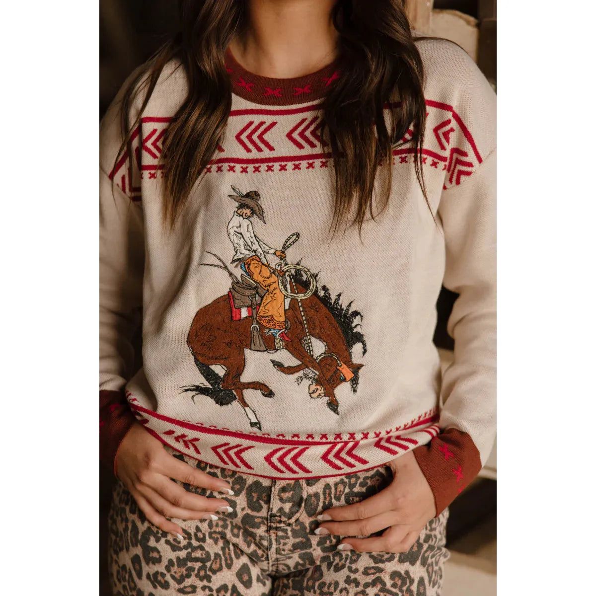 Sterling Kreek Women's Long Sleeve Dust and Spurs Knit Sweater- Cream