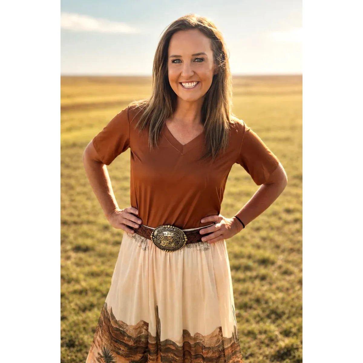 Sterling Kreek Women's Simple Sterling Saddle Short Sleeve Top - Saddle Brown
