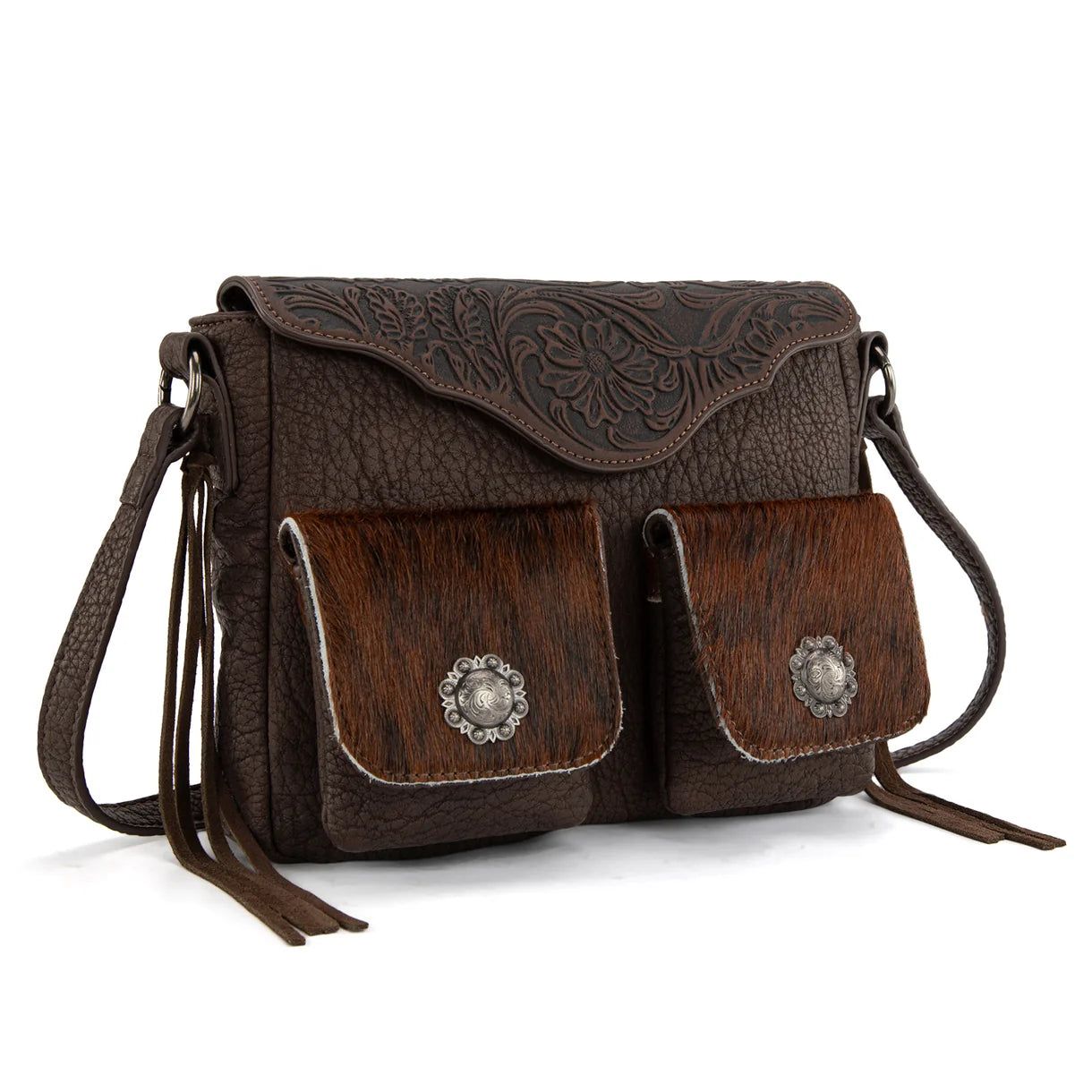 Trinity Ranch Genuine Hair On Cowhide Tooled Crossbody Bag- Multiple Colours