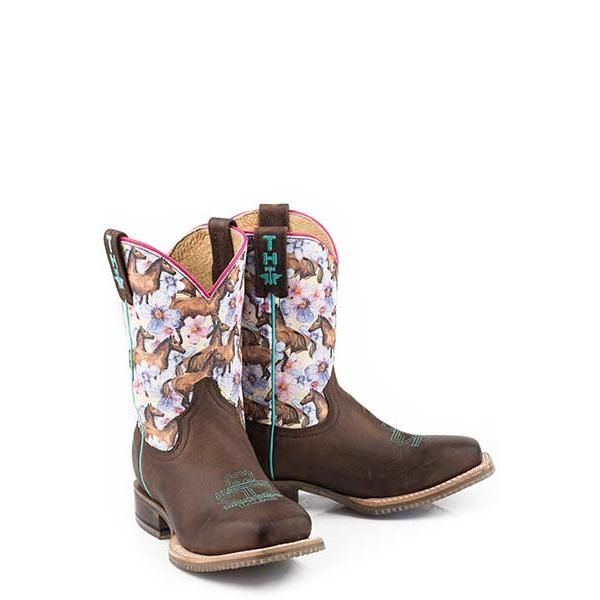 Tin Haul Chestnut &amp; Daisy Kids Square Toe Western Boots- Brown