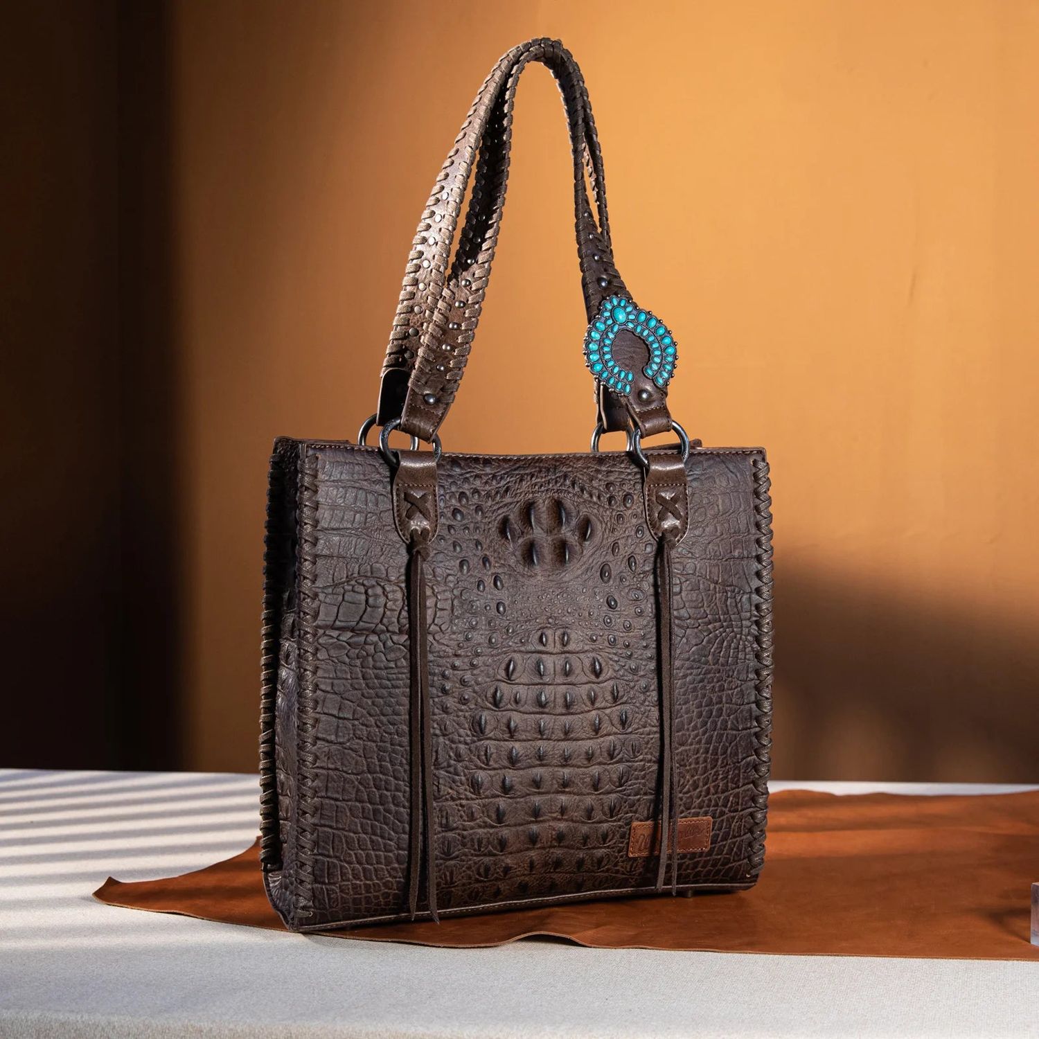 Wrangler Women's Crocodile Embossed Whipstitch Concealed Carry Tote Bag - Coffee