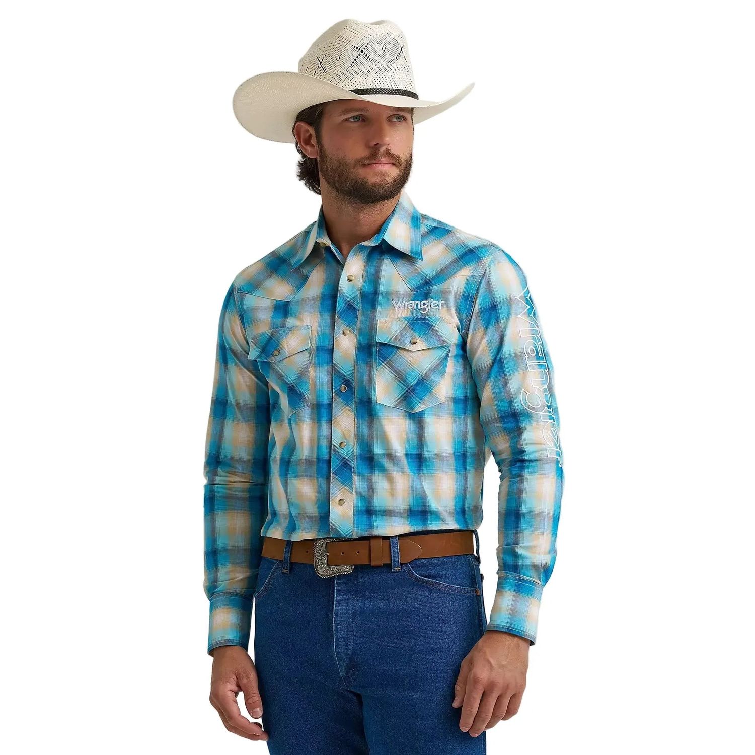 Wrangler® Men's Logo Long Sleeve Western Snap Shirt - Turquoise Madras