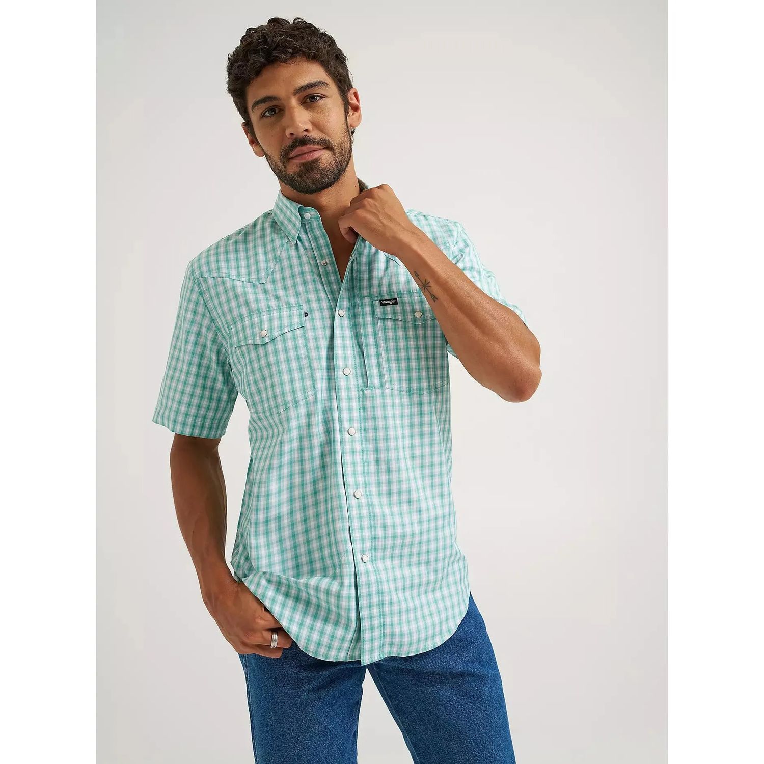 Wrangler Men's All Terrain Gear Short Sleeve Plaid Performance Shirt- Turquoise