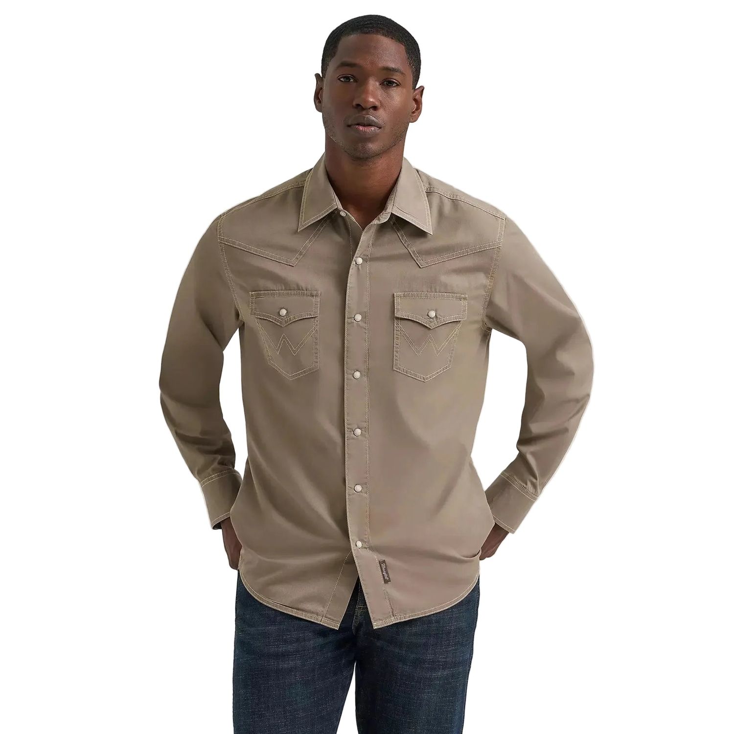 Wrangler Men's Retro Premium Western Solid Long Sleeve Snap Shirt - Tan