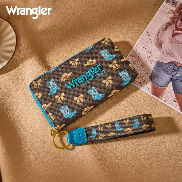 Wrangler Western Print RFID Blocking Zippered Cowgirl Wallet- Coffee