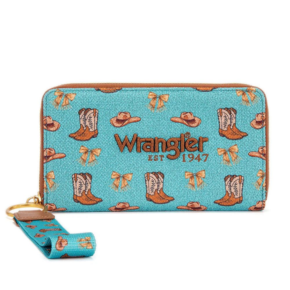 Wrangler Western Print RFID Blocking Zippered Cowgirl Wallet- Turquoise