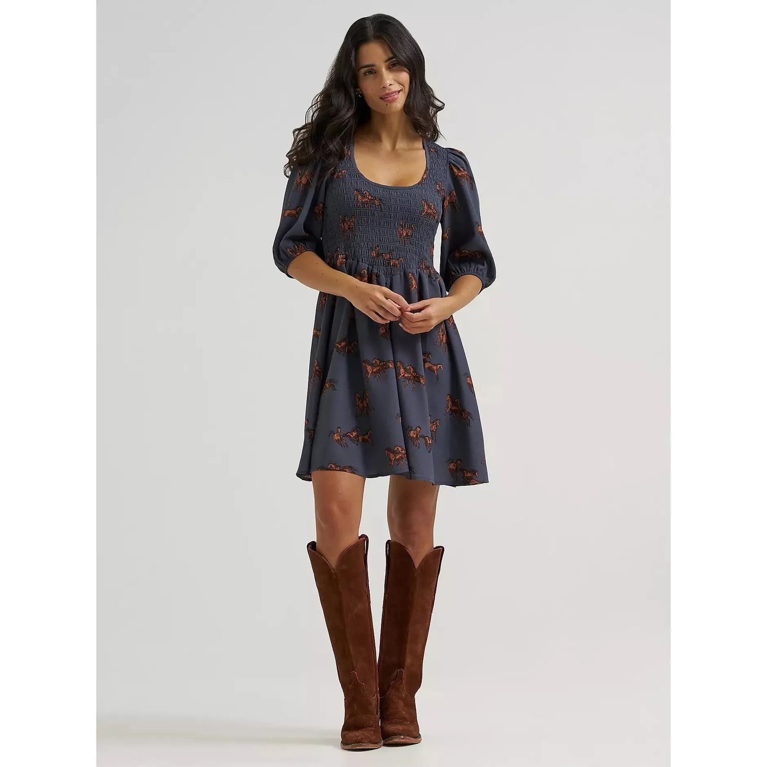 Wrangler Women's Smocked Puff Sleeve Babydoll Horse Dress - Blue