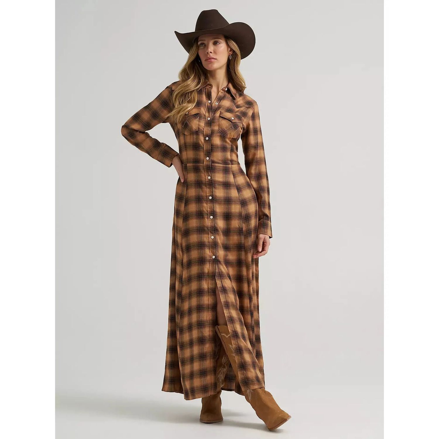 Wrangler Women's Western Plaid Flannel Maxi Shirt Dress - Brown