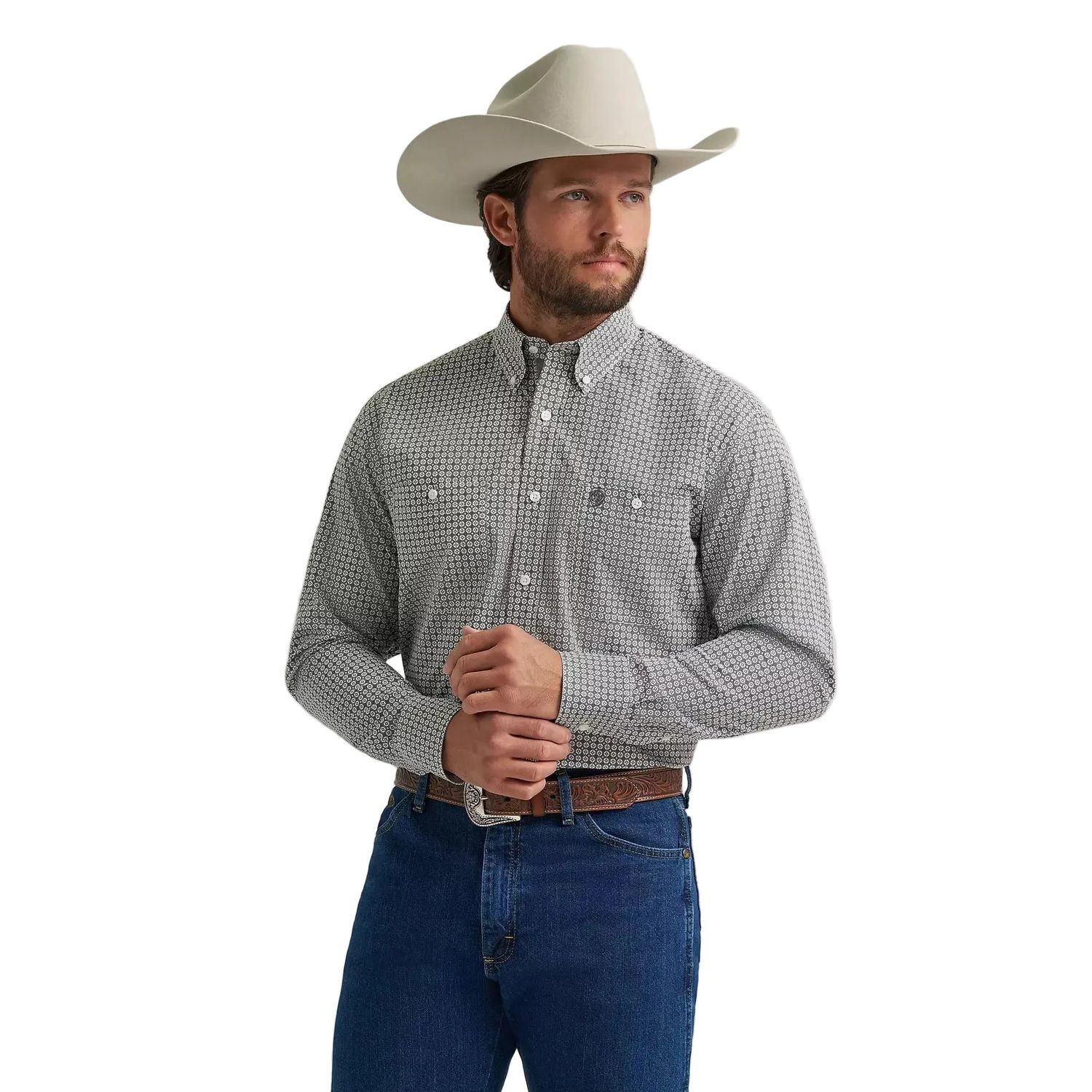 Wrangler® George Strait™ Long Sleeve Button Down 2 Pocket Shirt - Grey Board