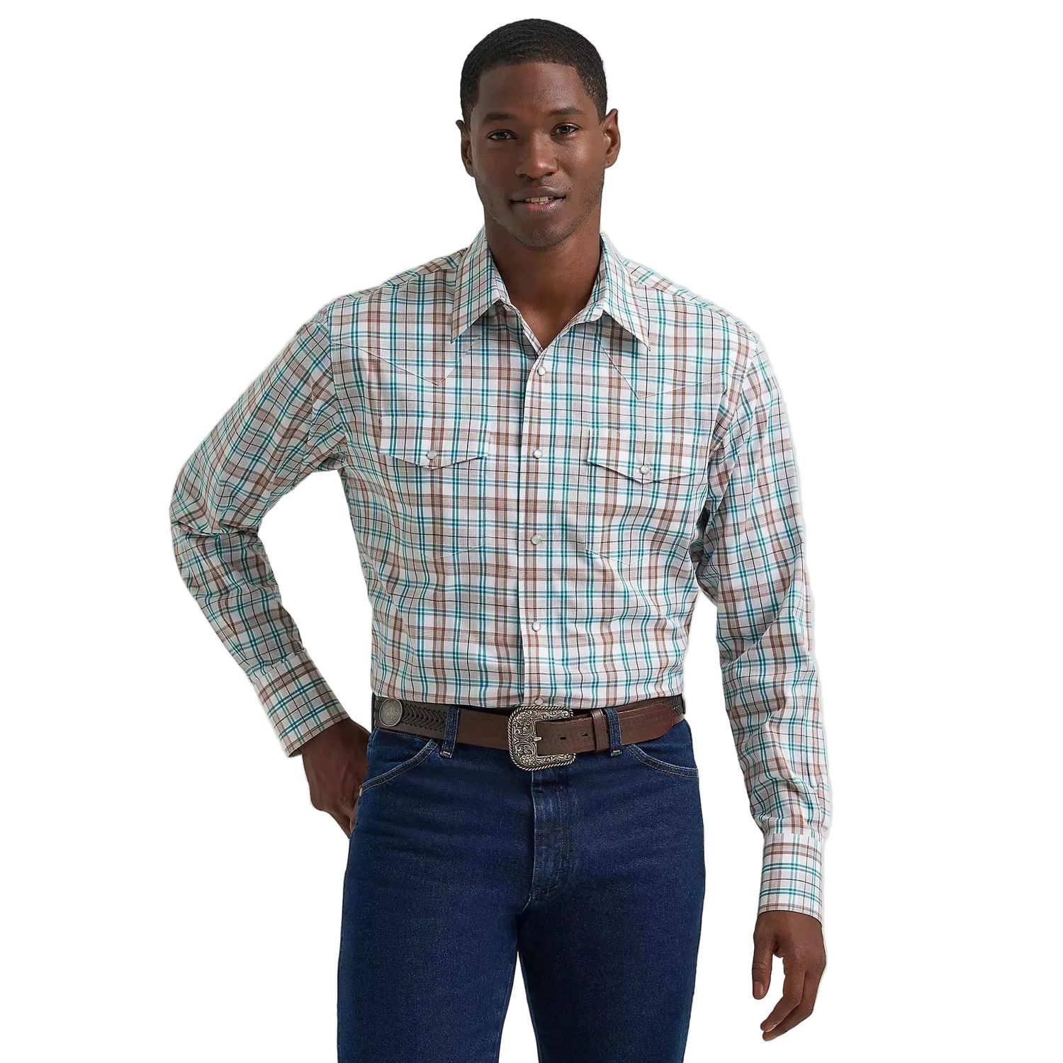Wrangler® Men's Wrinkle Resistant Long Sleeve Western Snap Plaid Shirt - Turq Plaid