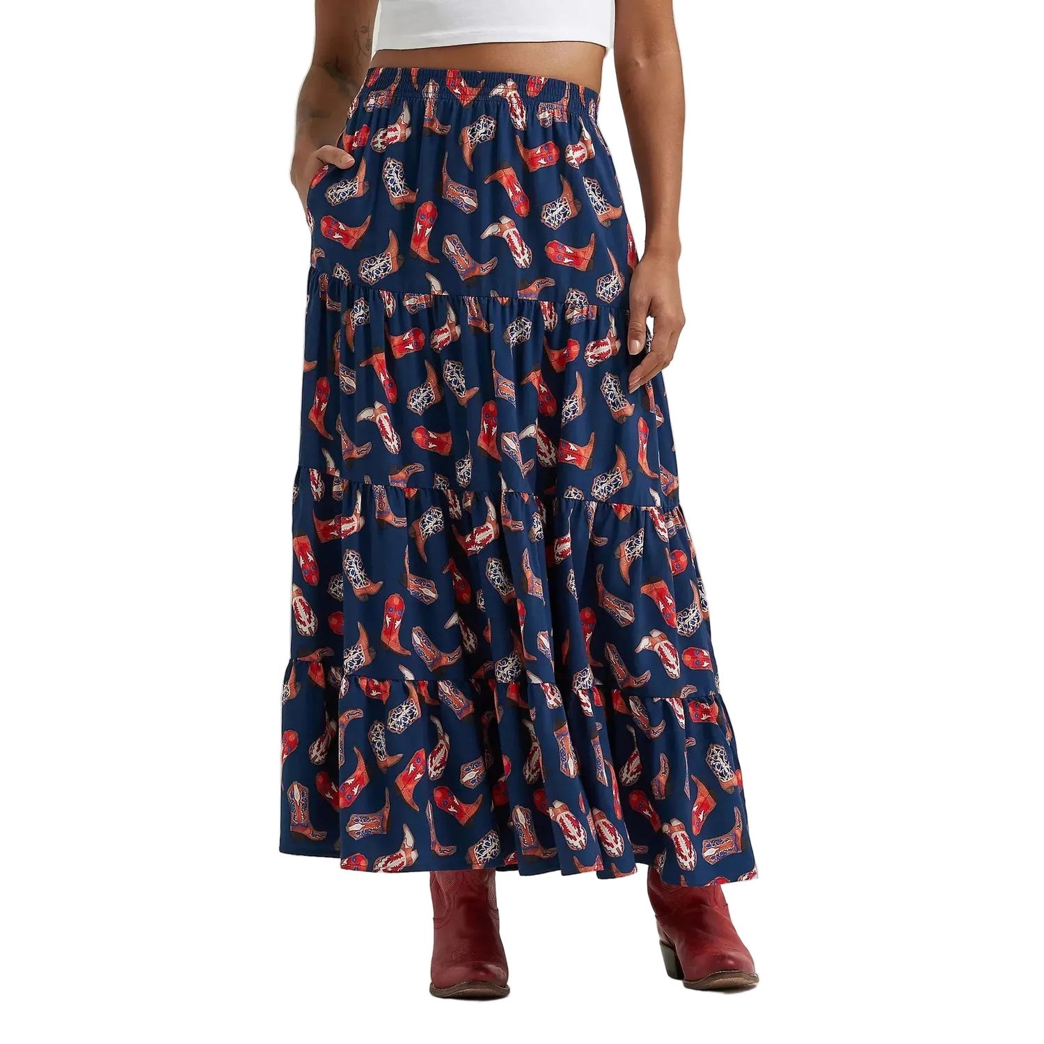 Wrangler® Women's Boot Printed Tiered Maxi Skirt - Navy Blue