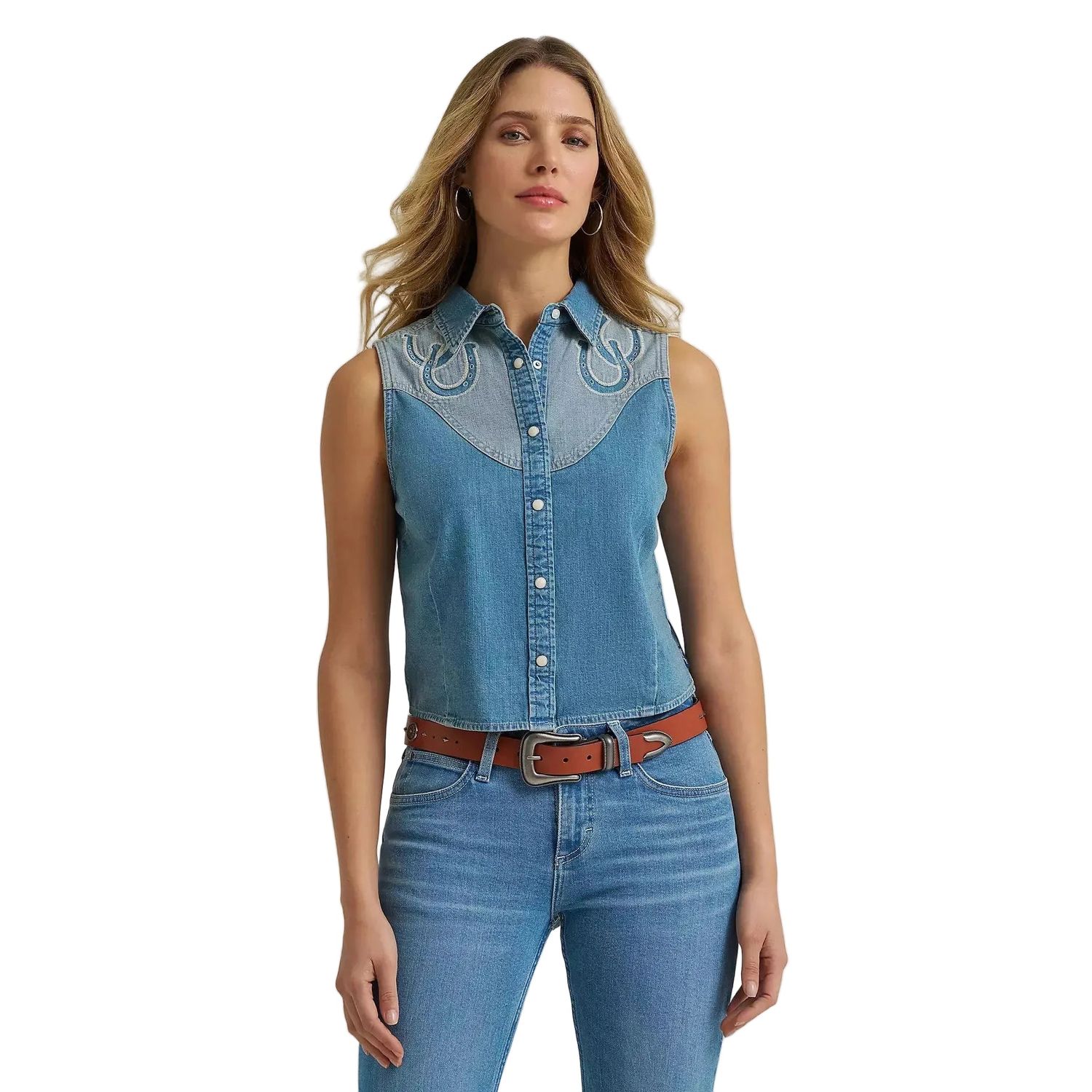 Wrangler® Women's Horseshoe Sleeveless Denim Snap Shirt - Blue