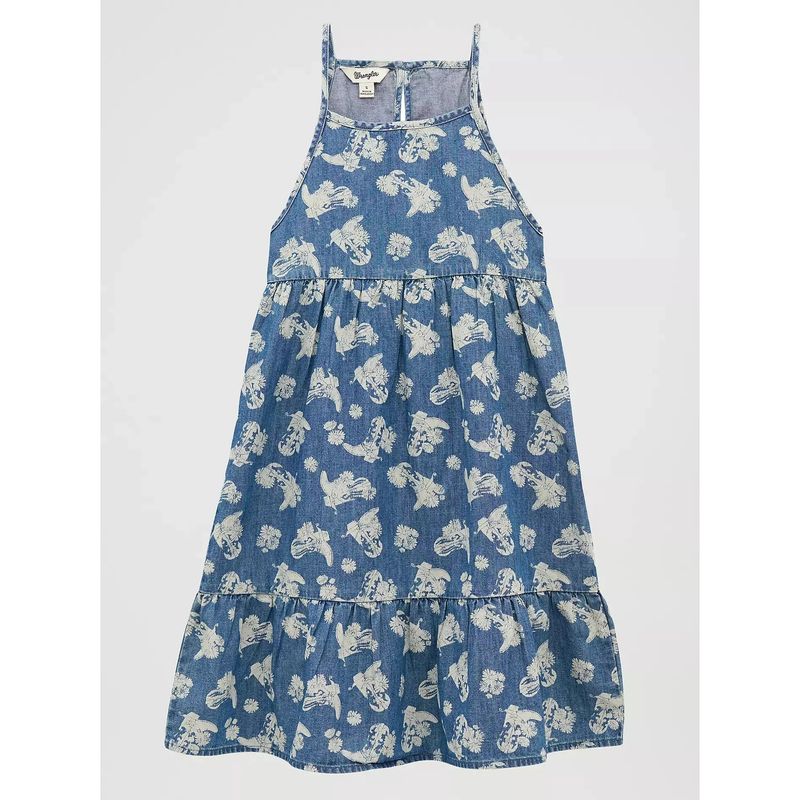 Wrangler Girl's Sleeveless Printed Denim Swing Dress - Floral Blue