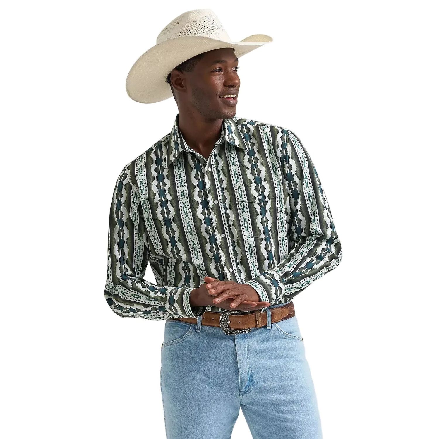 Wrangler Men's Checotah® Long Sleeve Western Snap Printed Shirt - Olivine