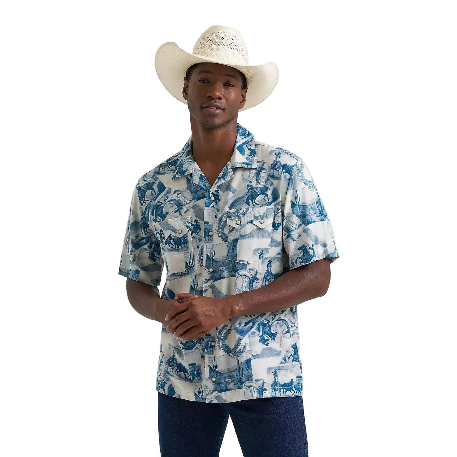 Wrangler Men's Coconut Cowboy Camp Short Sleeve Shirt - Cowboy Toile