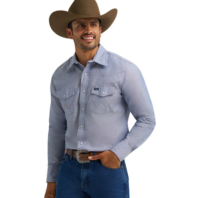 Wrangler Men's Long Sleeve Chambray Snap Western Shirt - Blue