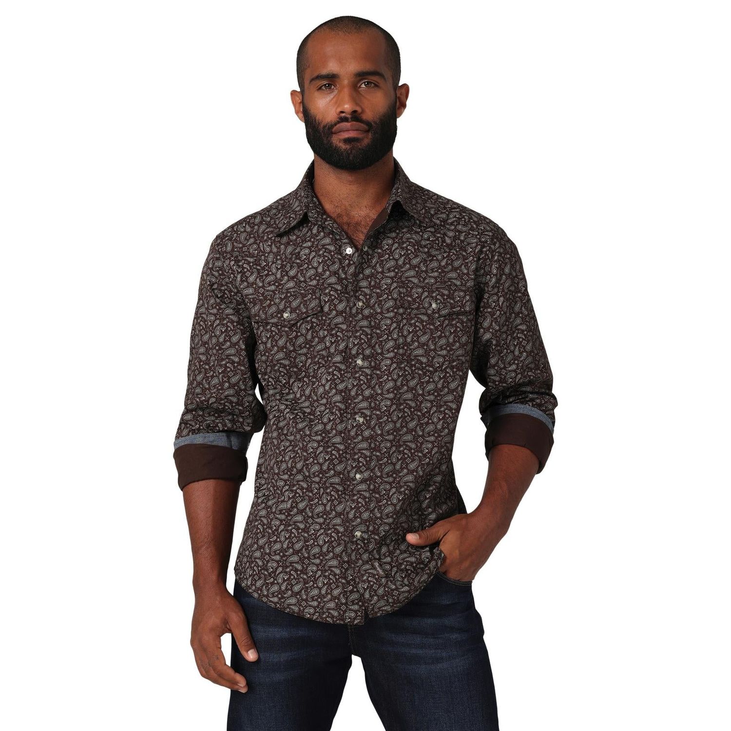 Wrangler Men's Retro Premium Long Sleeve Snap Shirt - Brown - 112330792