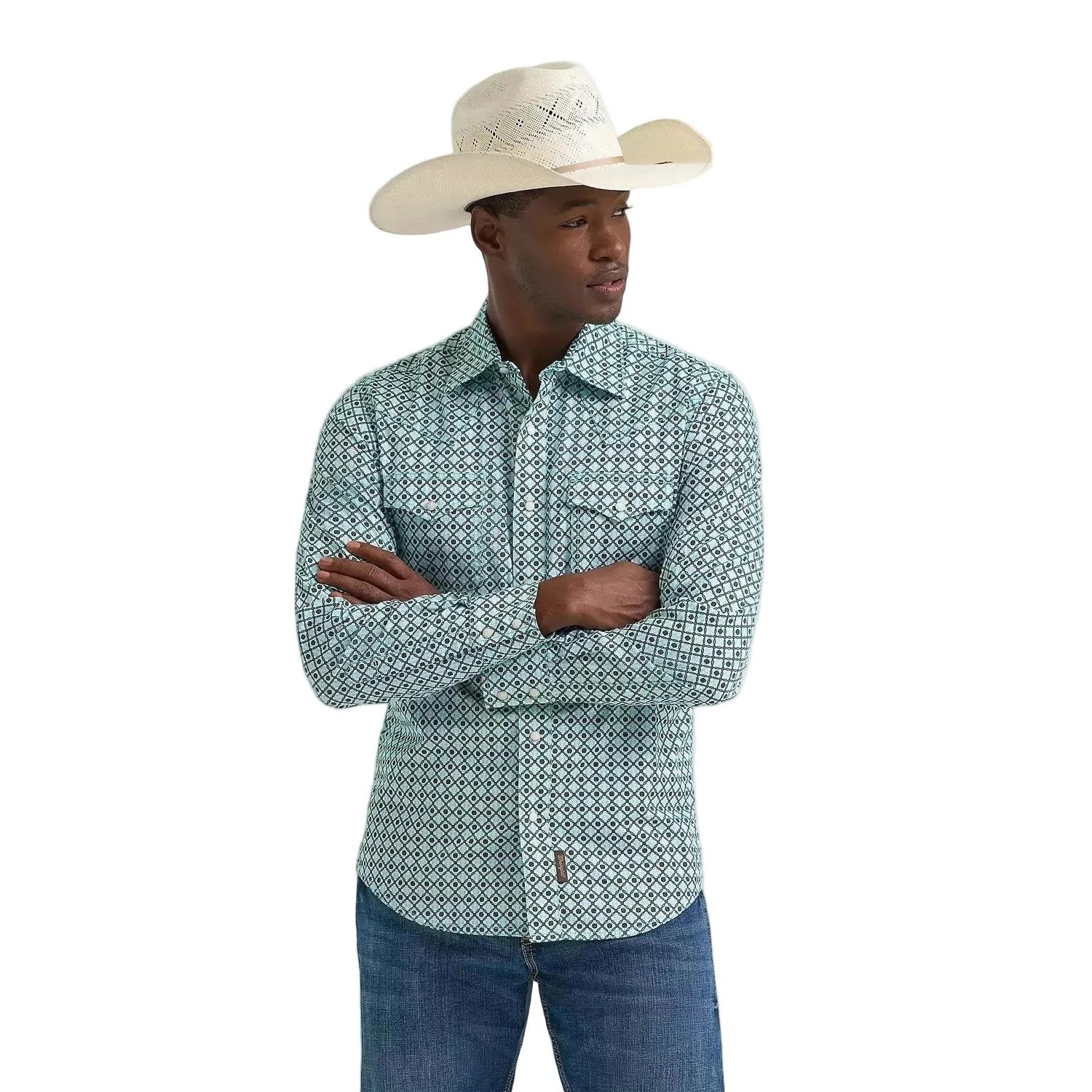 Wrangler Men's Retro® Premium Long Sleeve Western Snap Printed Shirt - Turquoise Diamond