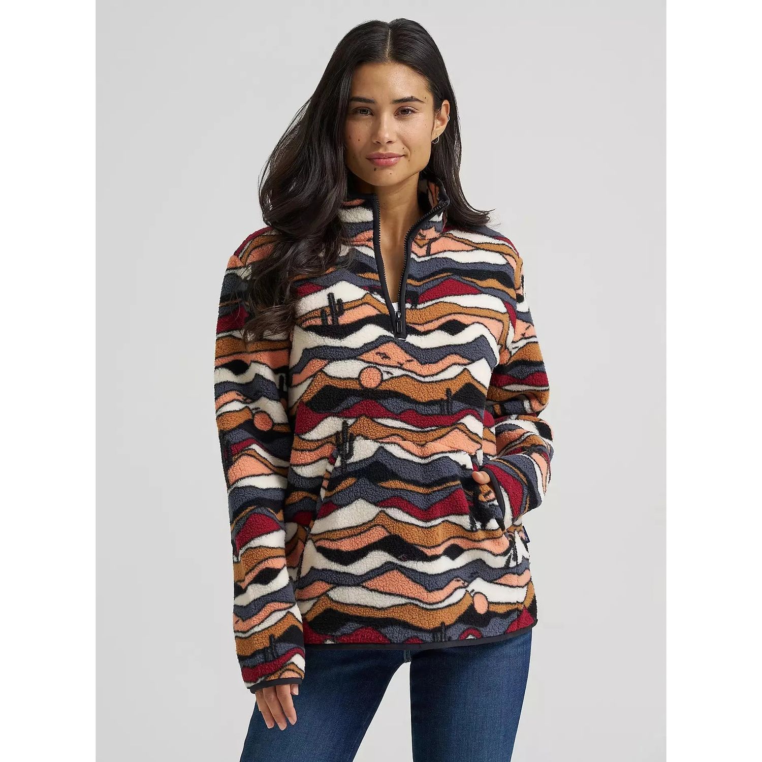 Wrangler Women's High Plains Sherpa Zip Long Sleeve Pullover - Brown/Mesa Dream