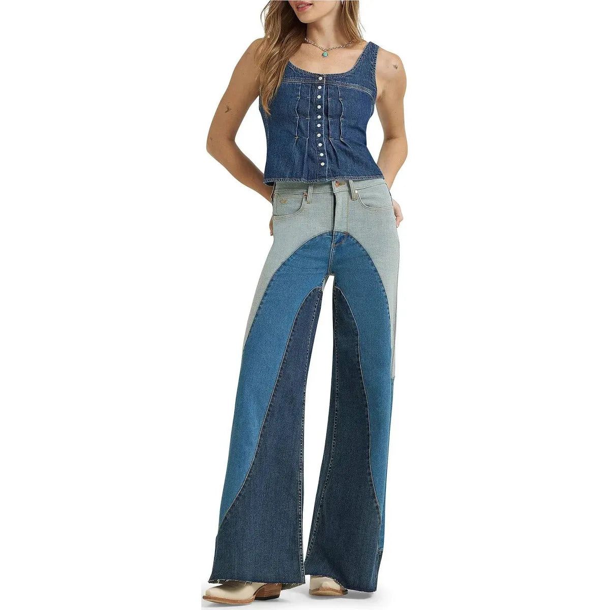 Wrangler Women's Lainey Wilson Pieces Cheeky Wide Jean- Multi Denim