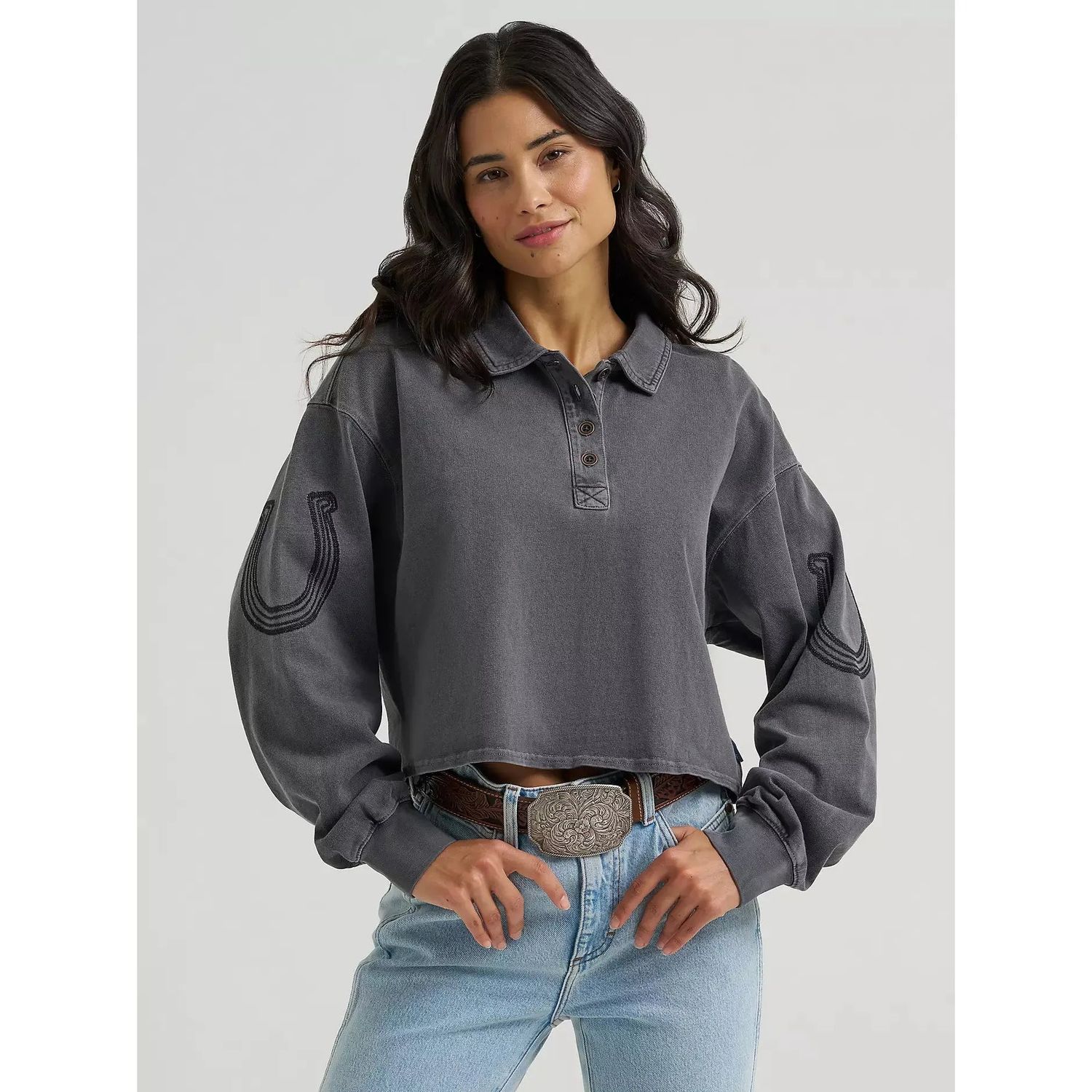 Wrangler Women's Western Horseshoe Long Sleeve Polo Shirt - Black
