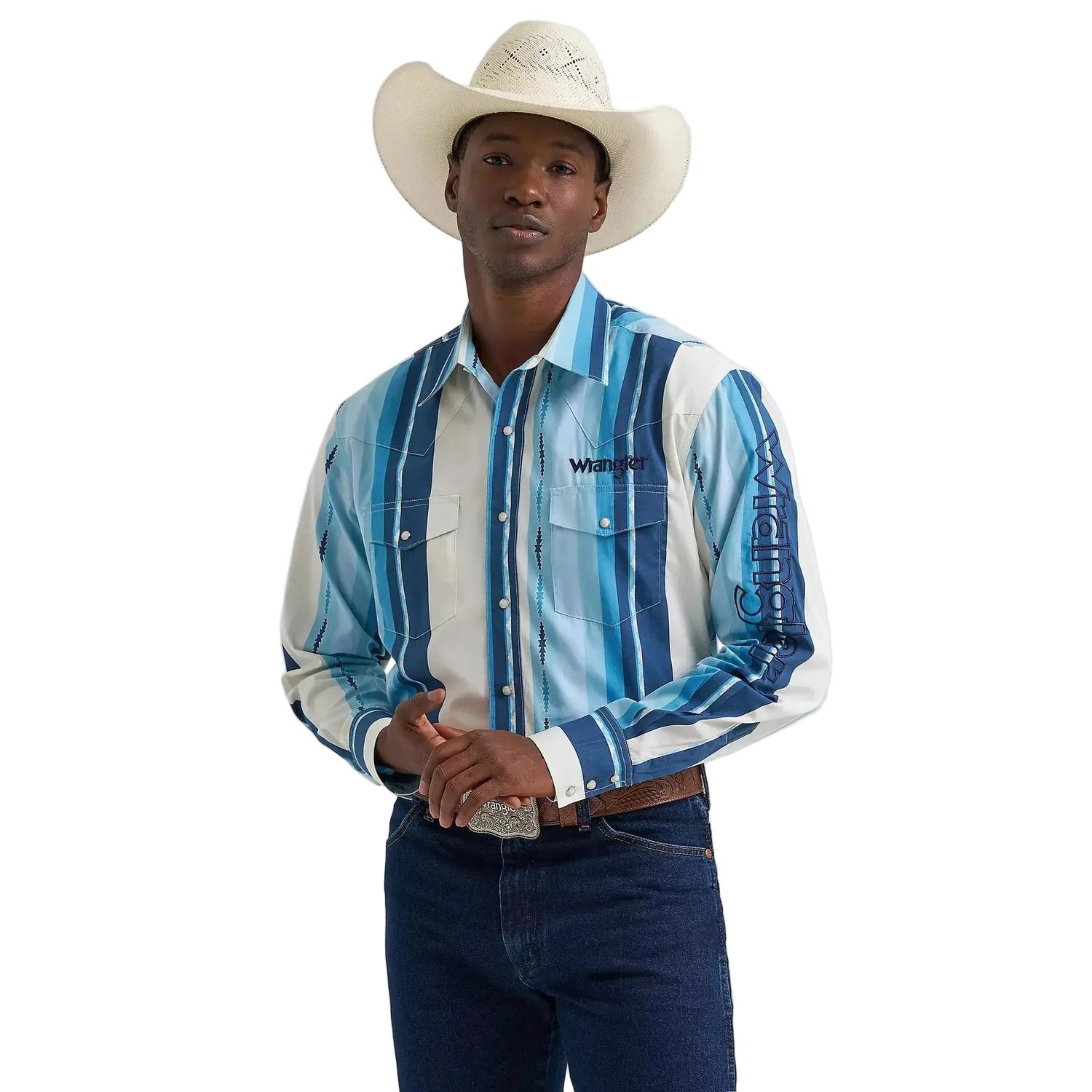 Wrangler® Men's Logo Long Sleeve Striped Shirt - Blue Clouds