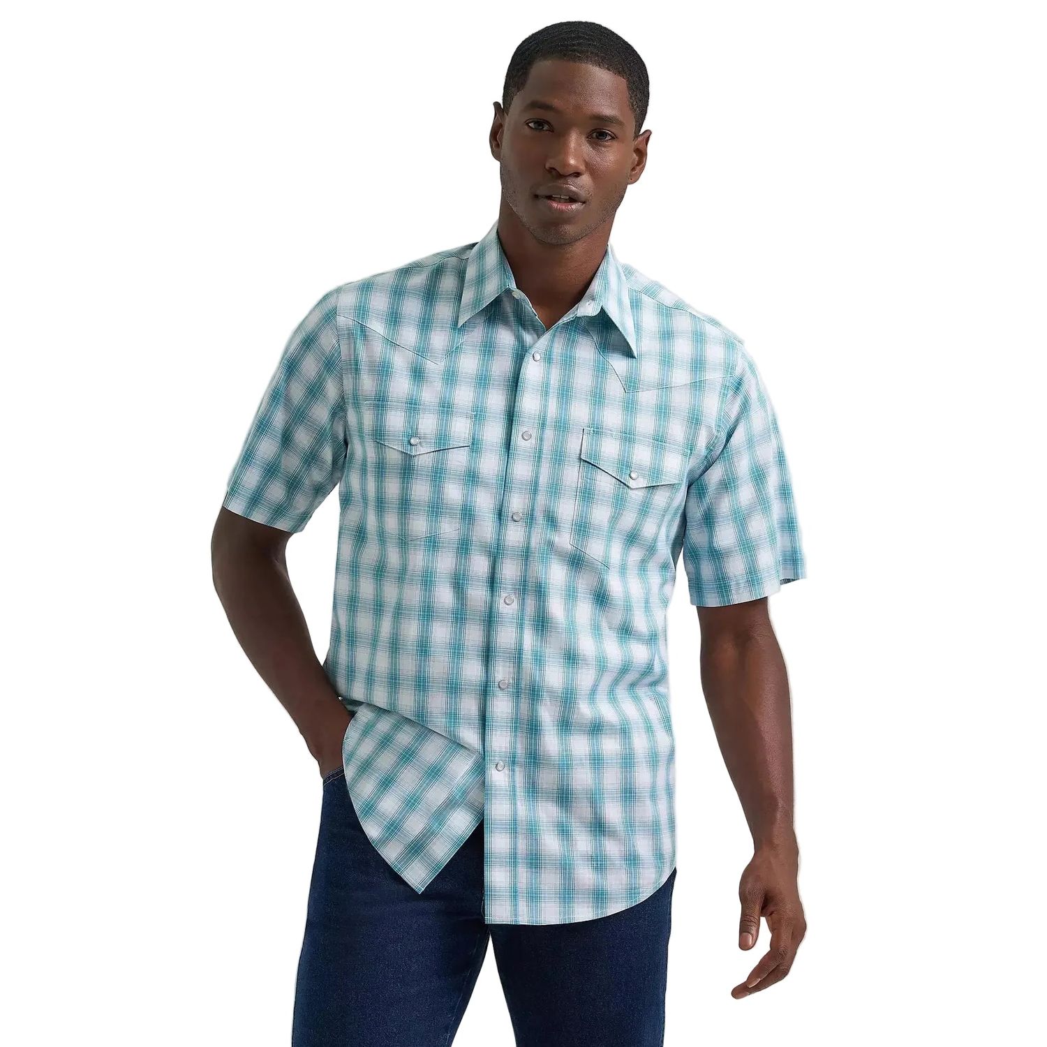 Wrangler® Men's Wrinkle Resistant Short Sleeve Western Snap Plaid Shirt - Pale Teal