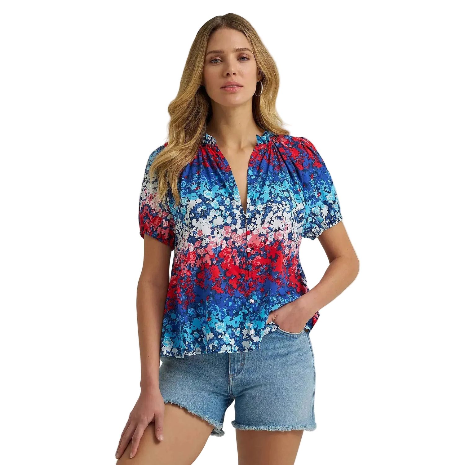 Wrangler® Women's Puff Sleeve Floral Mini Button Blouse - Blue