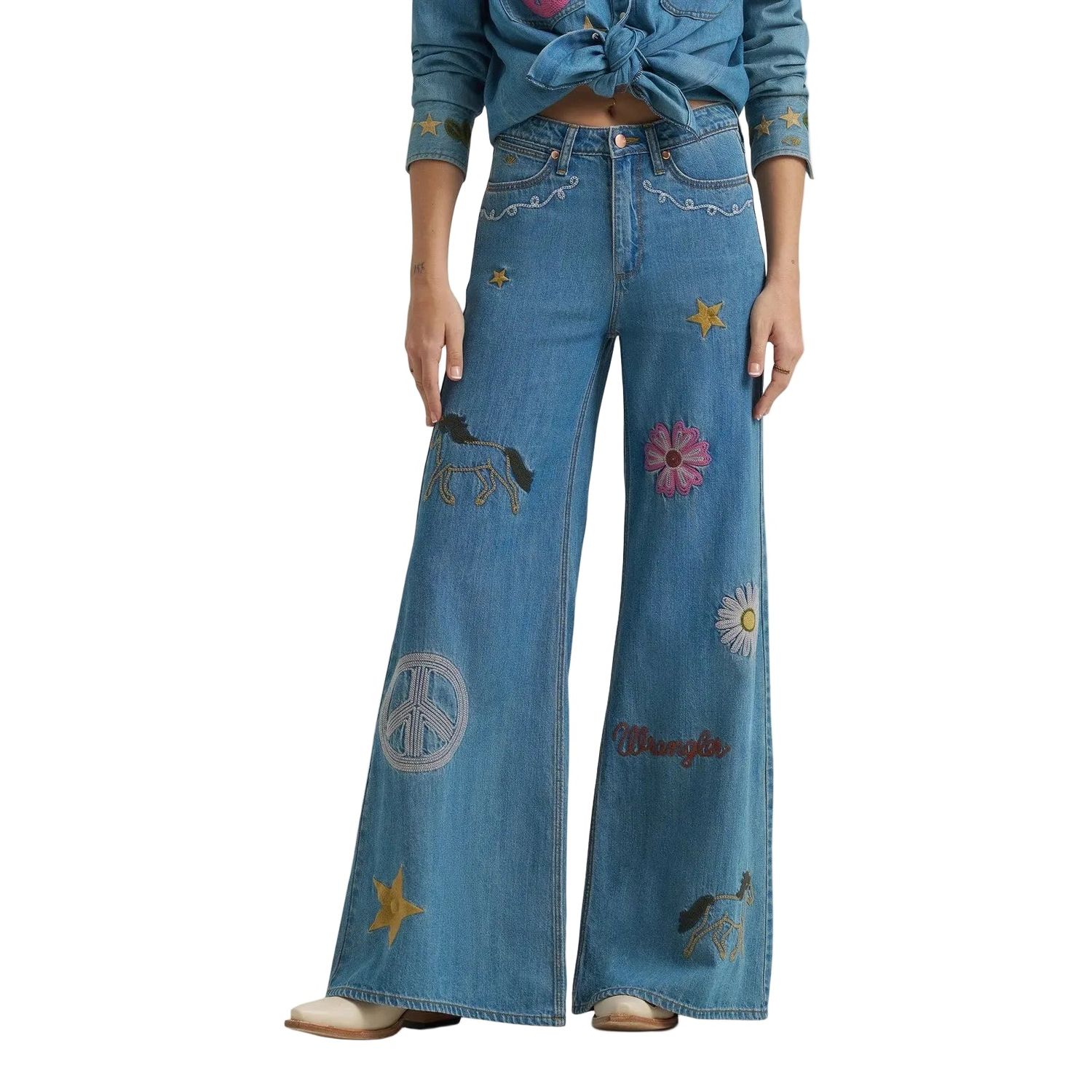 Wrangler Women's Lainey Wilson Cheeky Wide Leg Embroidered Jeans - Denim
