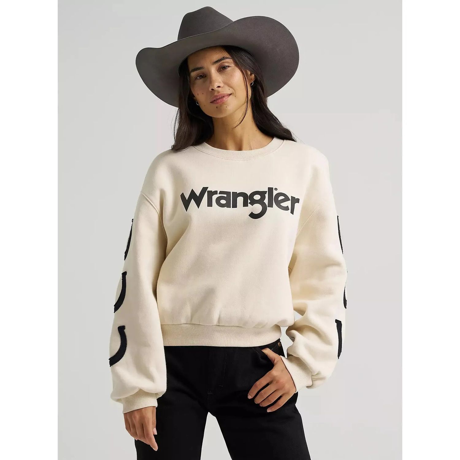 Wrangler Women's Lucky Logo Horseshoe Crew Long Sleeve Sweatshirt - White