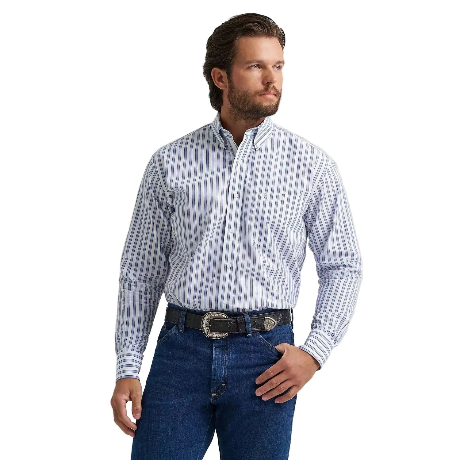 Wrangler® George Strait™ Long Sleeve Button Down One Pocket Shirt - Striped Blue